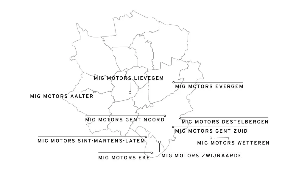 MIG Motors kaart van alle vestigingen